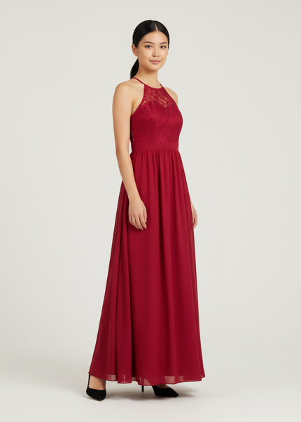 Jugendweihe Kleid Bordeaux Halter Spitze | Festlich - Ansicht 1