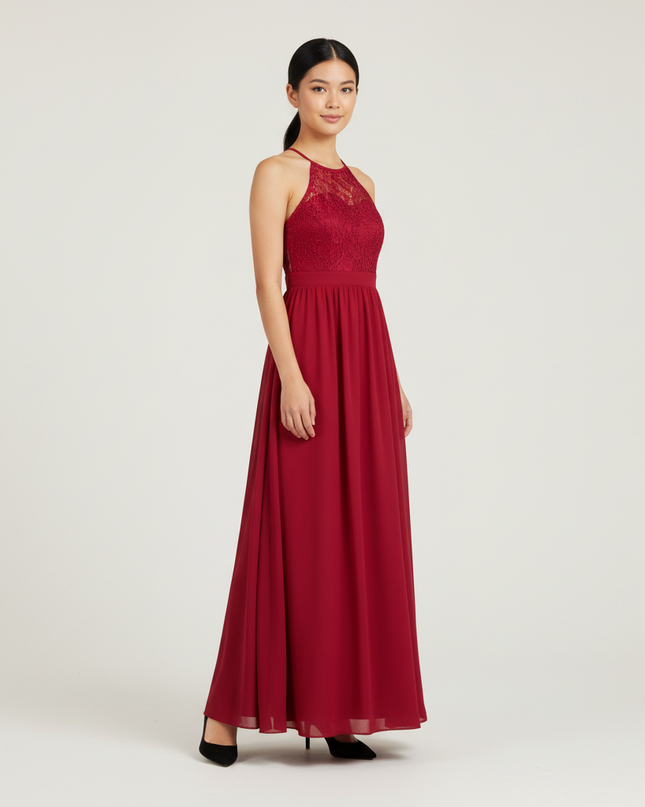 Jugendweihe Kleid Bordeaux Halter Spitze | Festlich - Ansicht 1