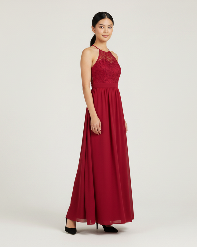 Jugendweihe Kleid Bordeaux Halter Spitze | Festlich - Ansicht 3