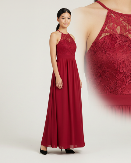 Jugendweihe Kleid Bordeaux Halter Spitze | Festlich - Ansicht 4