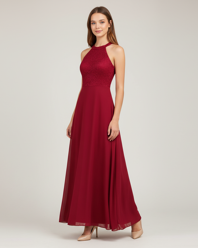 Jugendweihe Kleid Bordeaux Halterneck Spitze Lang - Ansicht 1
