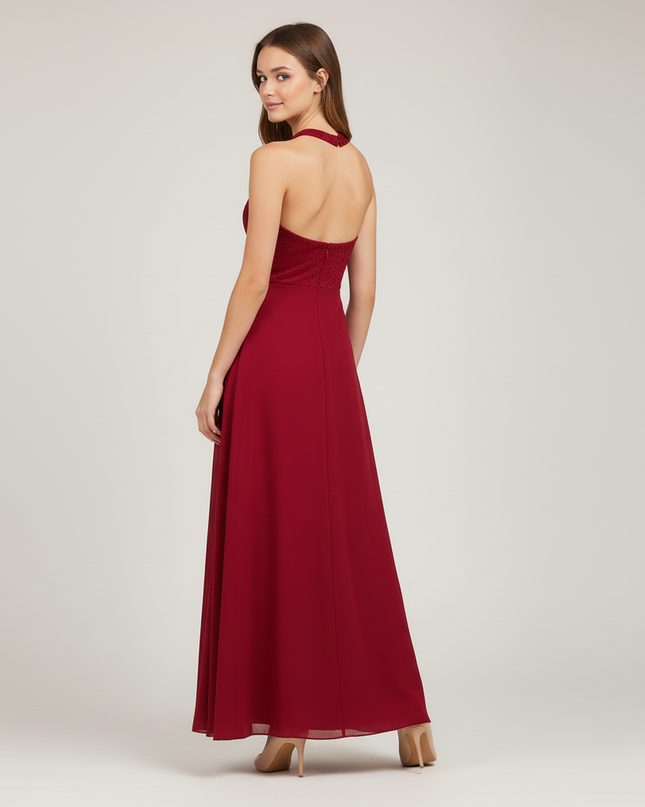 Jugendweihe Kleid Bordeaux Halterneck Spitze Lang - Ansicht 2