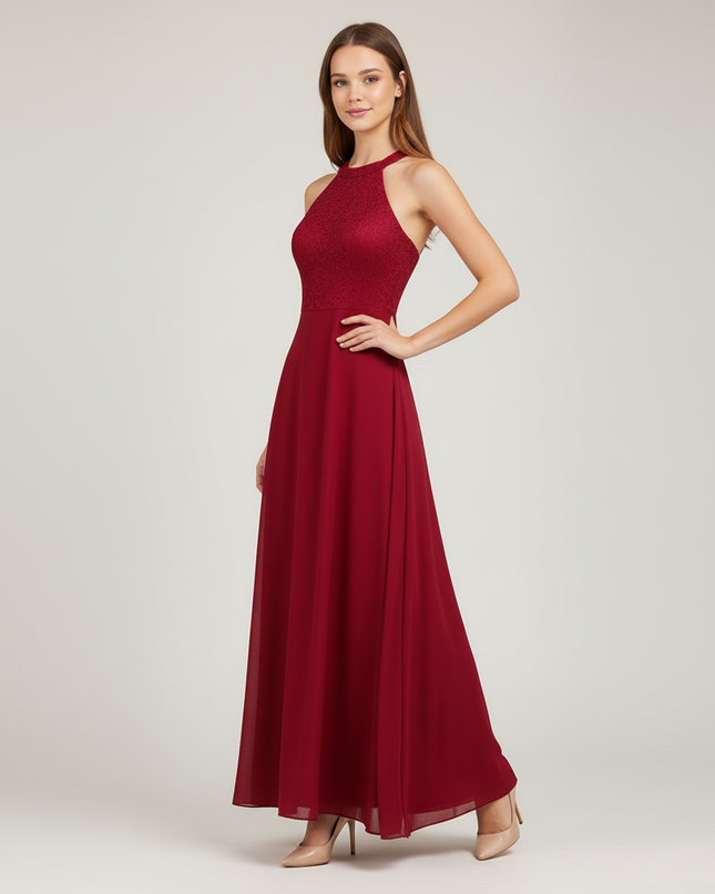 Jugendweihe Kleid Bordeaux Halterneck Spitze Lang - Ansicht 3