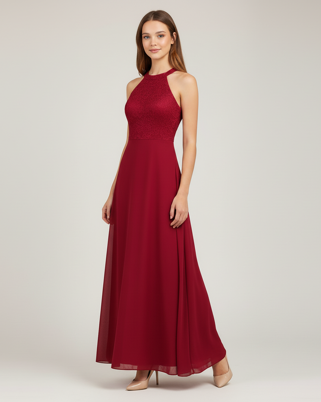 Jugendweihe Kleid Bordeaux Halterneck Spitze Lang - Ansicht 5