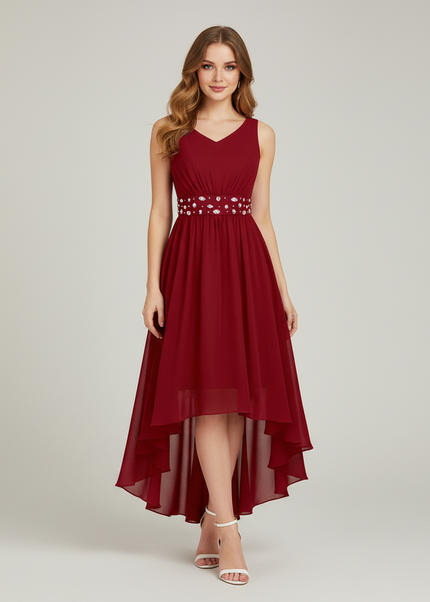 Jugendweihe Kleid Bordeaux Hi-Low Gerafft Kinder - Ansicht 1