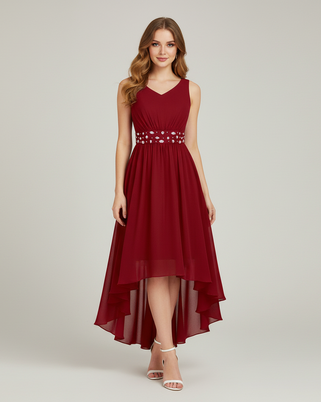 Jugendweihe Kleid Bordeaux Hi-Low Gerafft Kinder - Ansicht 1
