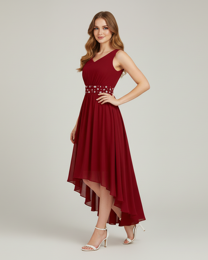 Jugendweihe Kleid Bordeaux Hi-Low Gerafft Kinder - Ansicht 3