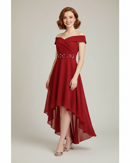 Jugendweihe Kleid Bordeaux Off-Shoulder Chiffon | Hi-Lo - Ansicht 1