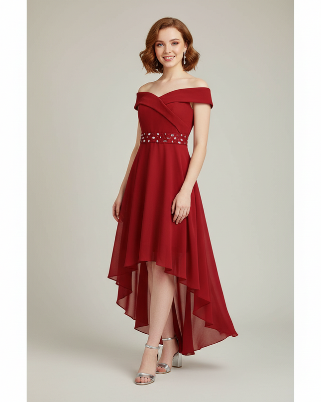 Jugendweihe Kleid Bordeaux Off-Shoulder Chiffon | Hi-Lo - Ansicht 1