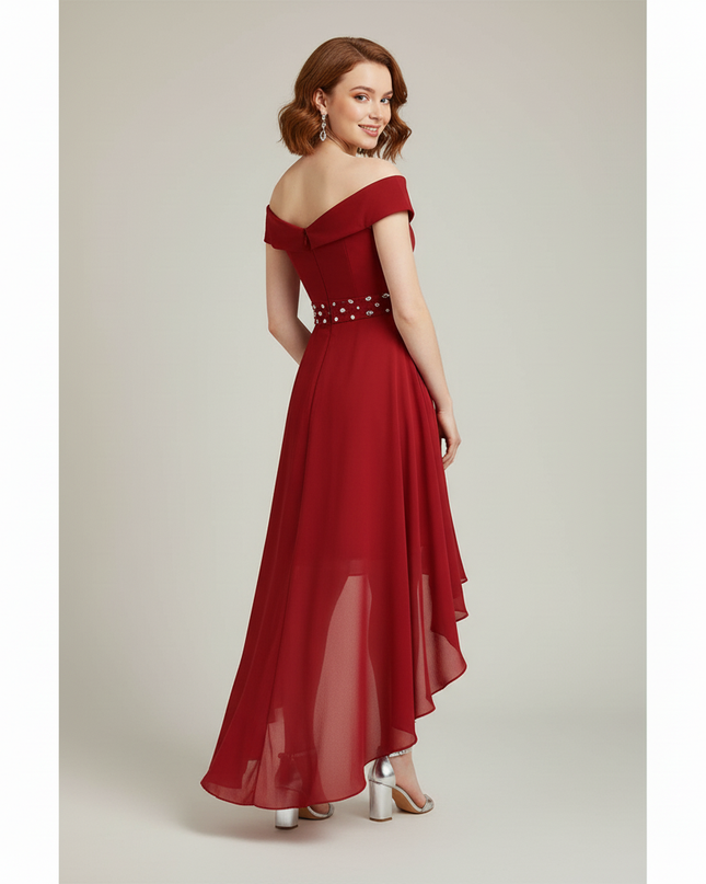 Jugendweihe Kleid Bordeaux Off-Shoulder Chiffon | Hi-Lo - Ansicht 2