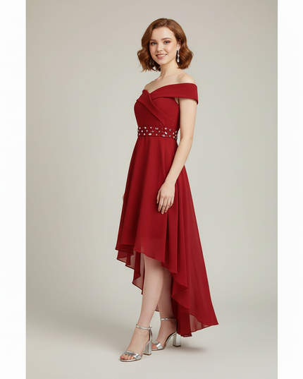 Jugendweihe Kleid Bordeaux Off-Shoulder Chiffon | Hi-Lo - Ansicht 3