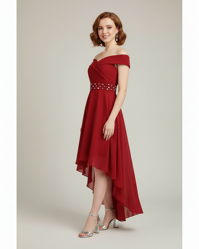 Jugendweihe Kleid Bordeaux Off-Shoulder Chiffon | Hi-Lo - Ansicht 3
