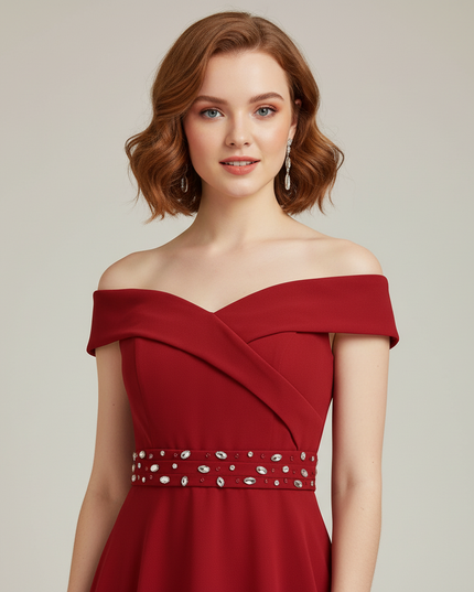 Jugendweihe Kleid Bordeaux Off-Shoulder Chiffon | Hi-Lo - Ansicht 4