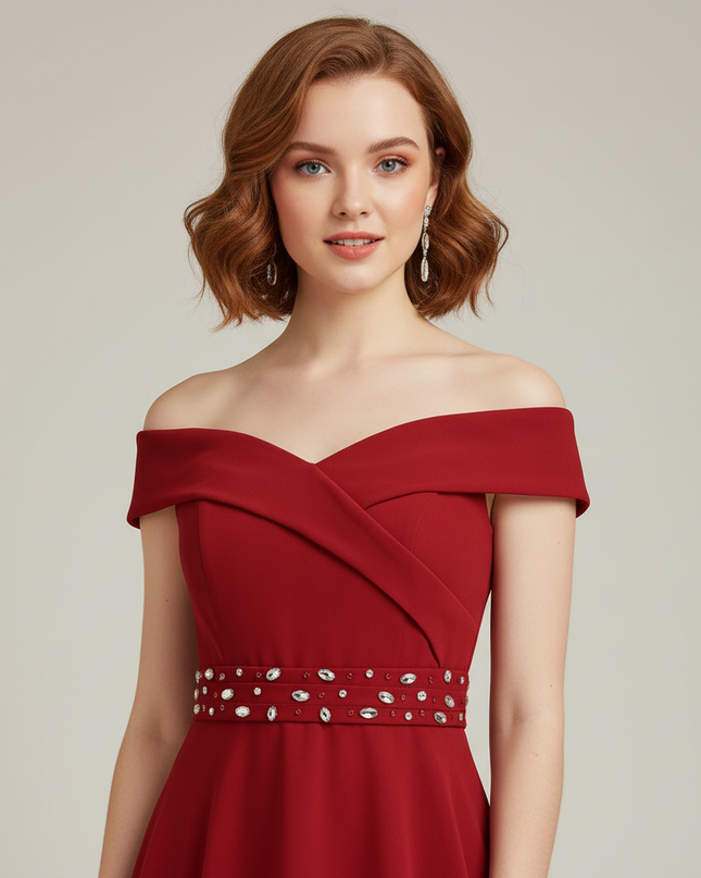 Jugendweihe Kleid Bordeaux Off-Shoulder Chiffon | Hi-Lo - Ansicht 4