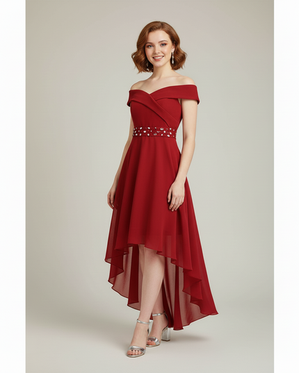 Jugendweihe Kleid Bordeaux Off-Shoulder Chiffon | Hi-Lo - Ansicht 5