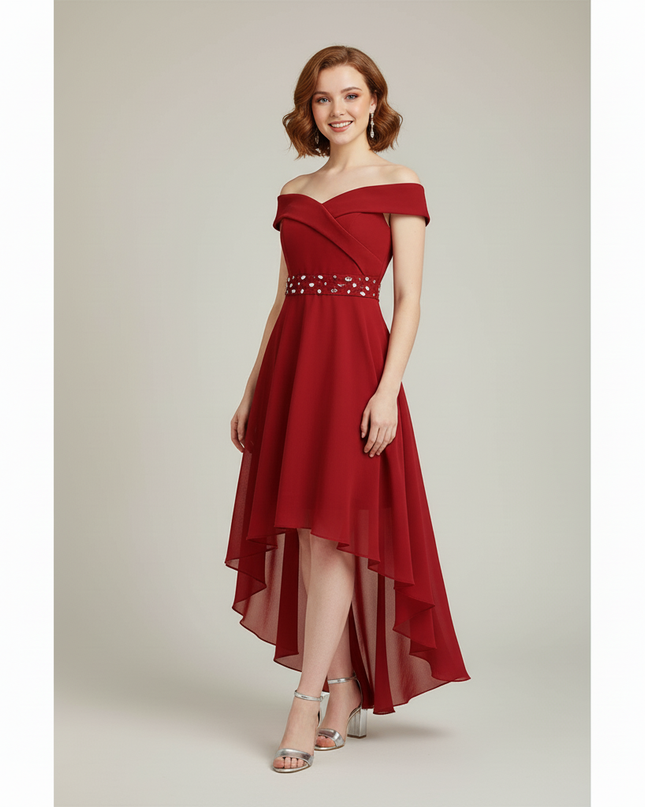 Jugendweihe Kleid Bordeaux Off-Shoulder Chiffon | Hi-Lo - Ansicht 5