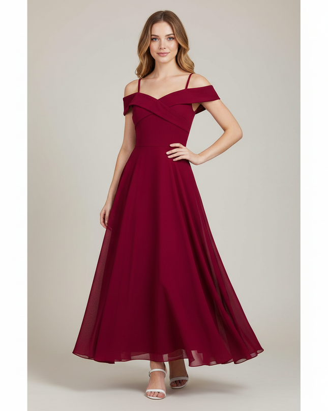 Jugendweihe Kleid Bordeaux Off-Shoulder Lang - Ansicht 1