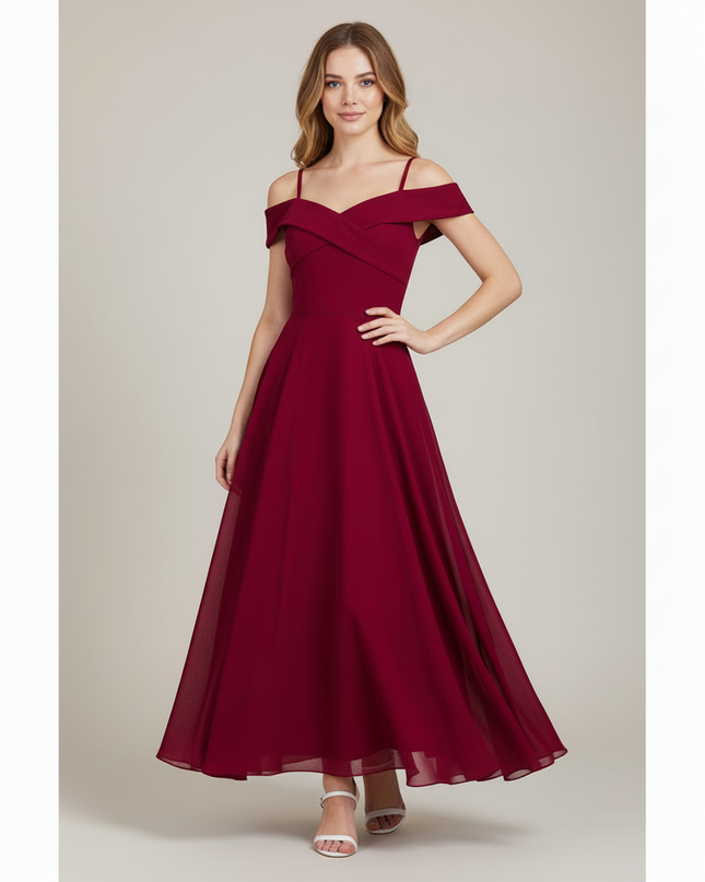 Jugendweihe Kleid Bordeaux Off-Shoulder Lang - Ansicht 3