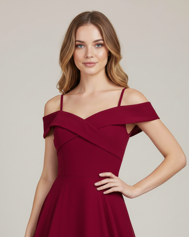 Jugendweihe Kleid Bordeaux Off-Shoulder Lang - Ansicht 4