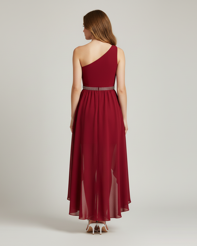 Jugendweihe Kleid Bordeaux Perlen einschultrig Maedchen - Ansicht 2