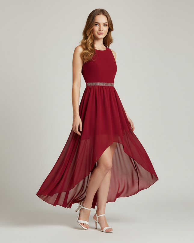 Jugendweihe Kleid Bordeaux Perlen einschultrig Maedchen - Ansicht 3