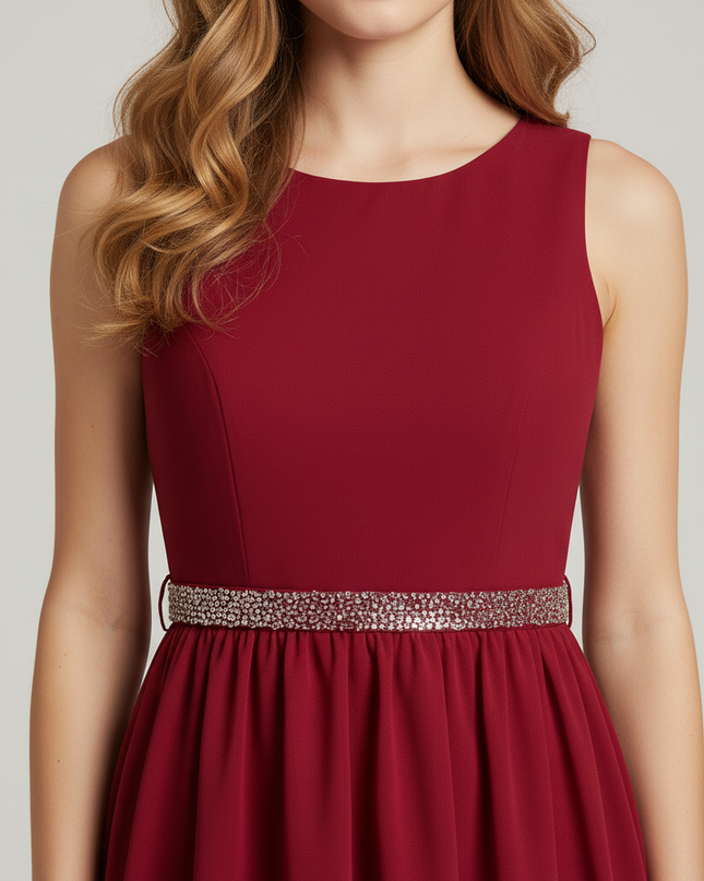 Jugendweihe Kleid Bordeaux Perlen einschultrig Maedchen - Ansicht 4