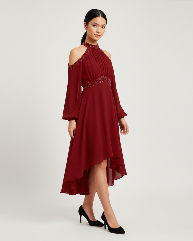 Jugendweihe Kleid Bordeaux Rueschen Chiffon Off Shoulder - Ansicht 1