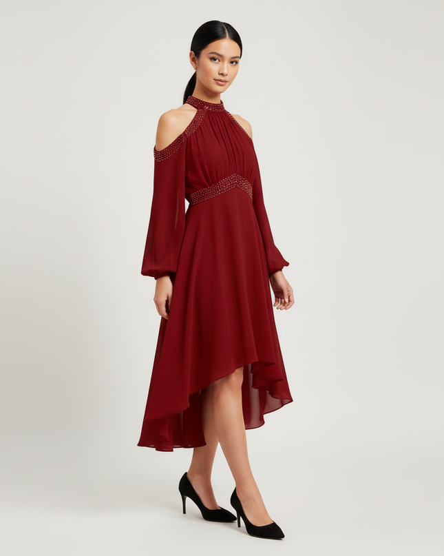 Jugendweihe Kleid Bordeaux Rueschen Chiffon Off Shoulder - Ansicht 2