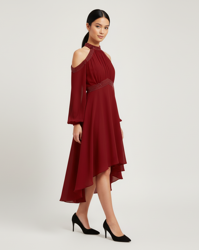Jugendweihe Kleid Bordeaux Rueschen Chiffon Off Shoulder - Ansicht 3