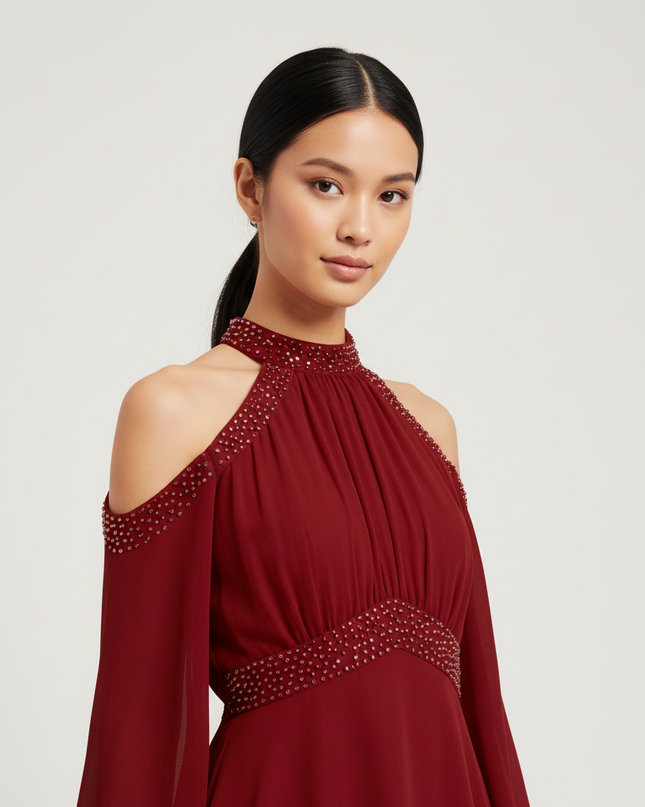 Jugendweihe Kleid Bordeaux Rueschen Chiffon Off Shoulder - Ansicht 4