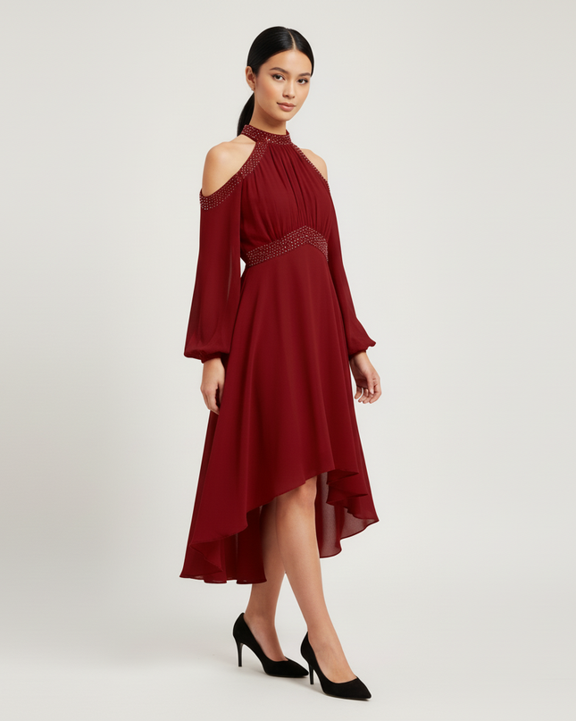 Jugendweihe Kleid Bordeaux Rueschen Chiffon Off Shoulder - Ansicht 5