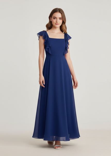 Jugendweihe Kleid Dunkelblau Chiffon A-Linie | Teens - Ansicht 1