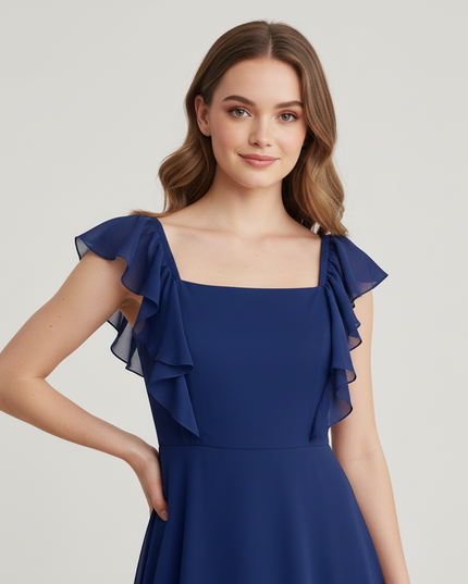 Jugendweihe Kleid Dunkelblau Chiffon A-Linie | Teens - Ansicht 4