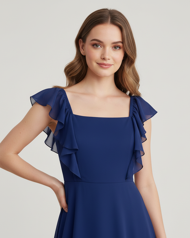 Jugendweihe Kleid Dunkelblau Chiffon A-Linie | Teens - Ansicht 4