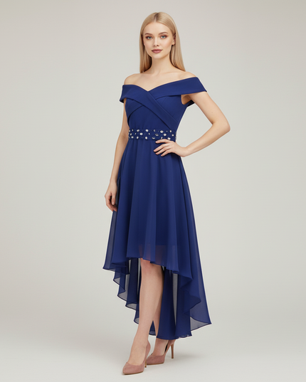 Jugendweihe Kleid Dunkelblau Festlich Off-Shoulder Hi-Lo - Ansicht 1