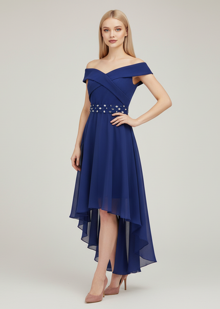 Jugendweihe Kleid Dunkelblau Festlich Off-Shoulder Hi-Lo - Ansicht 1