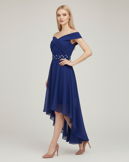 Jugendweihe Kleid Dunkelblau Festlich Off-Shoulder Hi-Lo - Ansicht 3
