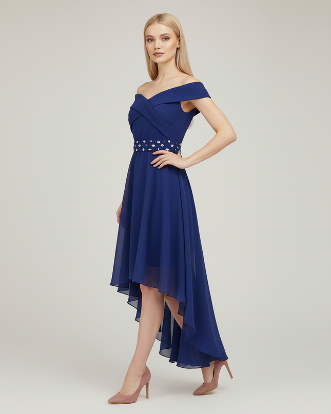 Jugendweihe Kleid Dunkelblau Festlich Off-Shoulder Hi-Lo - Ansicht 3