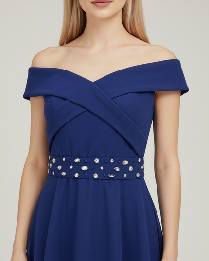 Jugendweihe Kleid Dunkelblau Festlich Off-Shoulder Hi-Lo - Ansicht 4