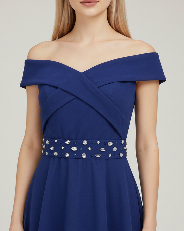 Jugendweihe Kleid Dunkelblau Festlich Off-Shoulder Hi-Lo - Ansicht 4