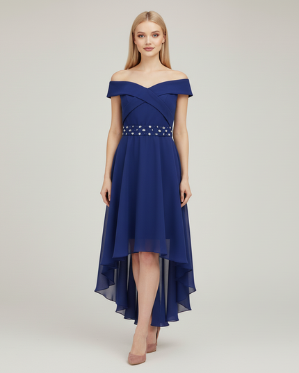 Jugendweihe Kleid Dunkelblau Festlich Off-Shoulder Hi-Lo - Ansicht 5
