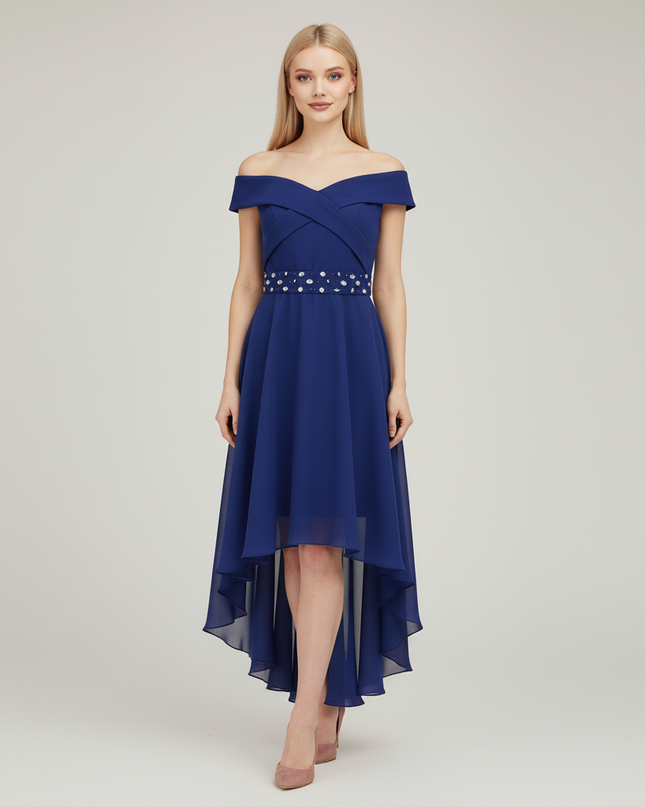 Jugendweihe Kleid Dunkelblau Festlich Off-Shoulder Hi-Lo - Ansicht 5