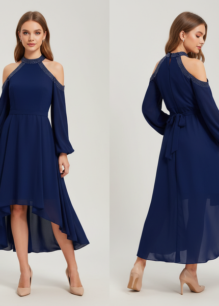 Jugendweihe Kleid Dunkelblau Halter Ruschen Chiffon - Ansicht 1