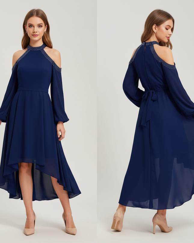 Jugendweihe Kleid Dunkelblau Halter Ruschen Chiffon - Ansicht 1