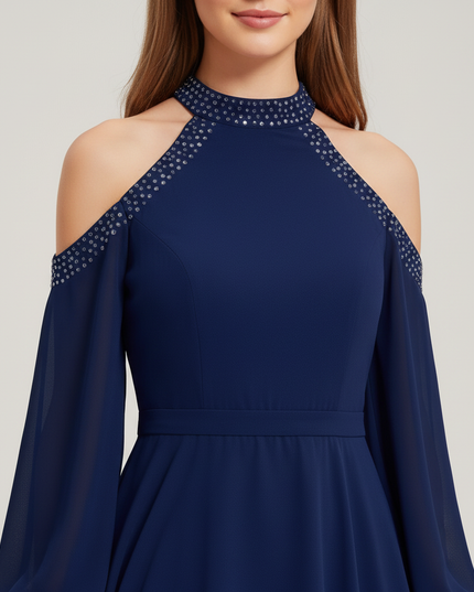 Jugendweihe Kleid Dunkelblau Halter Ruschen Chiffon - Ansicht 4