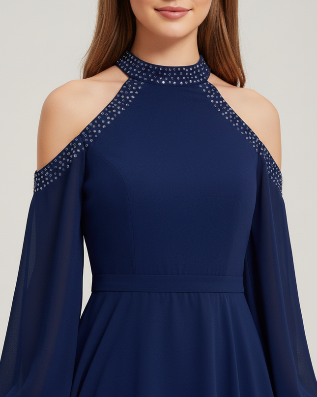 Jugendweihe Kleid Dunkelblau Halter Ruschen Chiffon - Ansicht 4