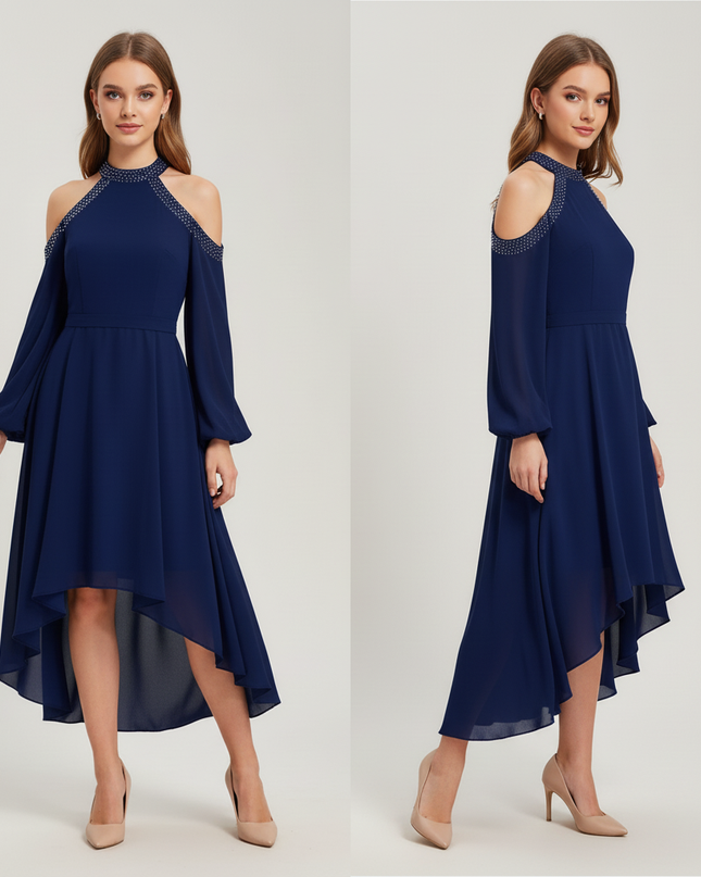 Jugendweihe Kleid Dunkelblau Halter Ruschen Chiffon - Ansicht 5