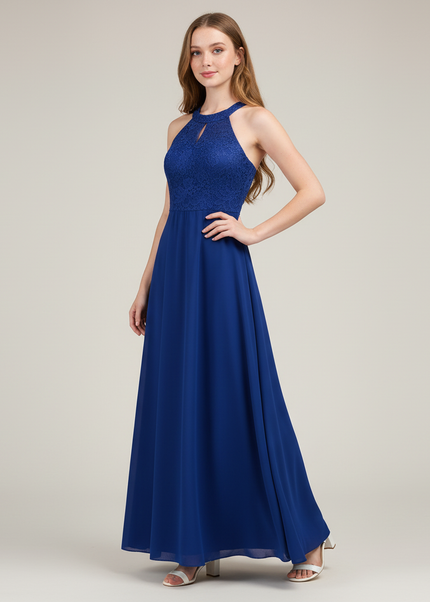 Jugendweihe Kleid Dunkelblau Halter Spitze Lang Kinder - Ansicht 1