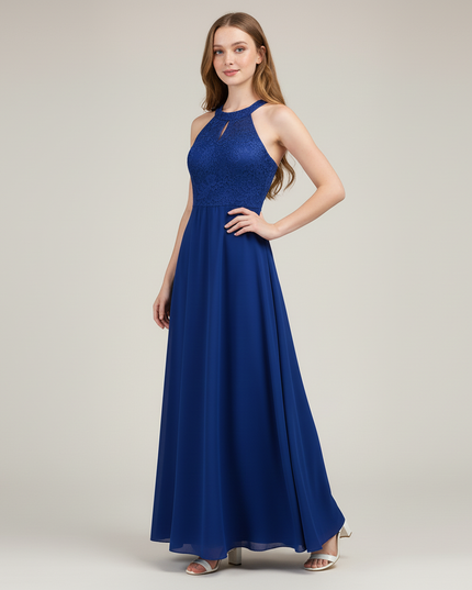 Jugendweihe Kleid Dunkelblau Halter Spitze Lang Kinder - Ansicht 3