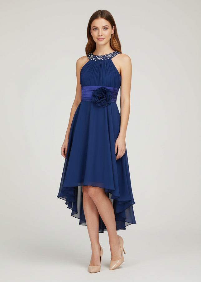 Jugendweihe Kleid Dunkelblau High-Low Chiffon Kinder - Ansicht 1